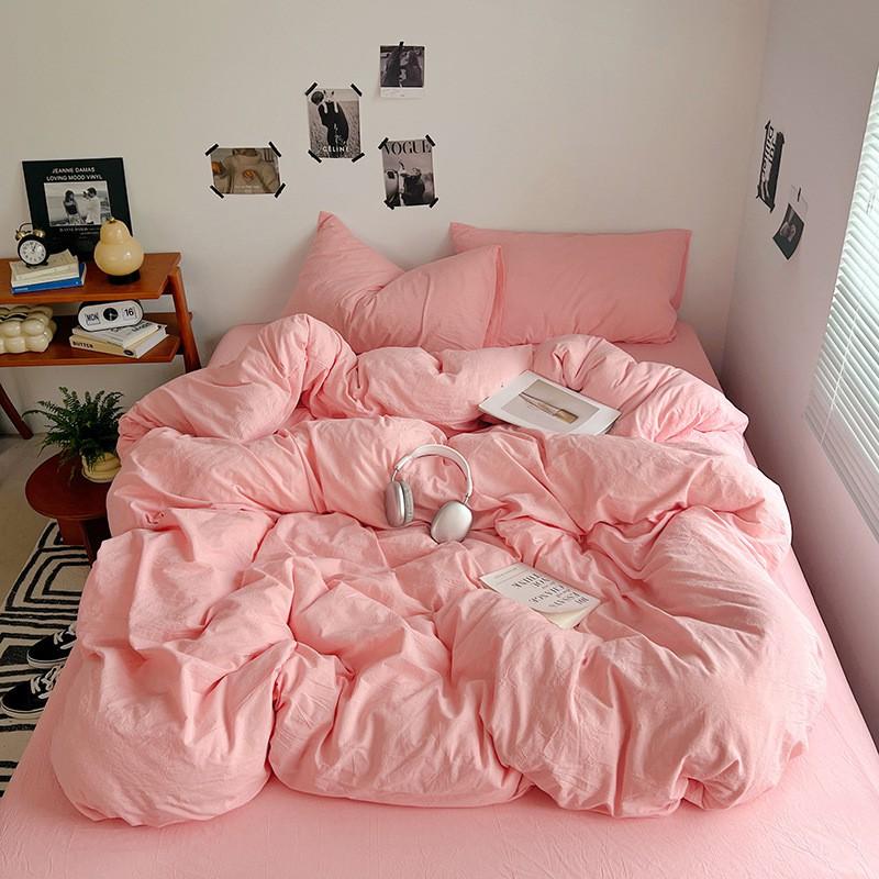 Washed Cotton Bedding Set Solid Color Brushed Bed Sheets Dorm Home