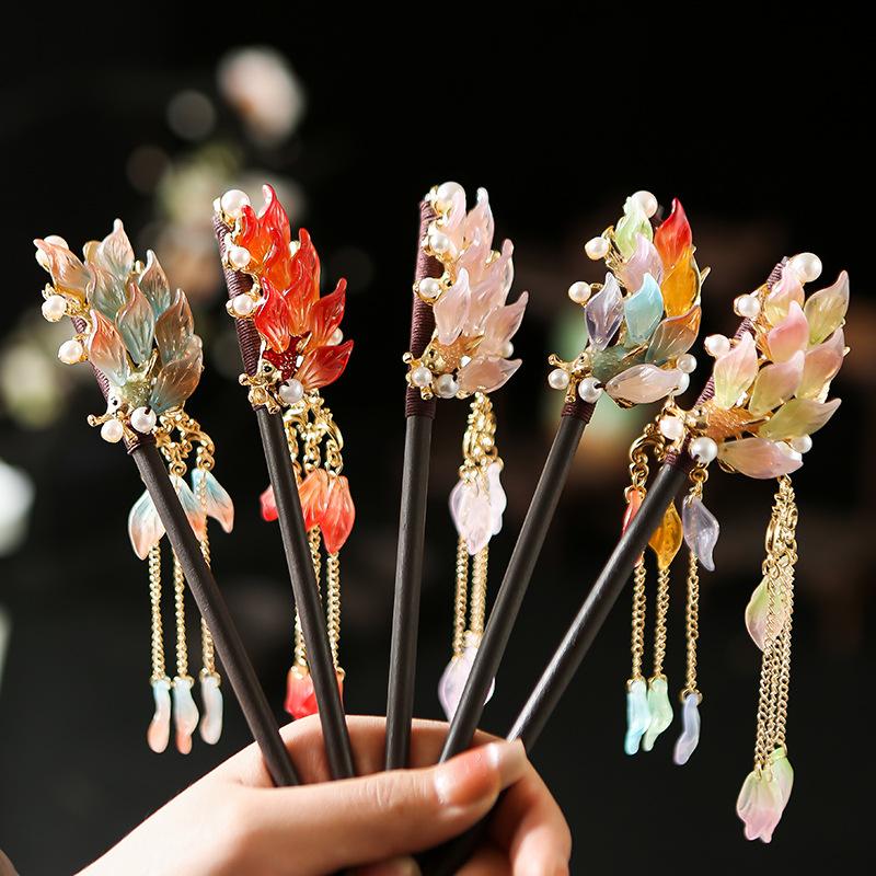 1 Stück Glas Fisch Haarnadel Antiker Kopfschmuck Sandelholz Haarnadel Frische Blütenblatt Haarnadel Neuer Chinesischer Stil Blütenblatt Quaste Haarnadel