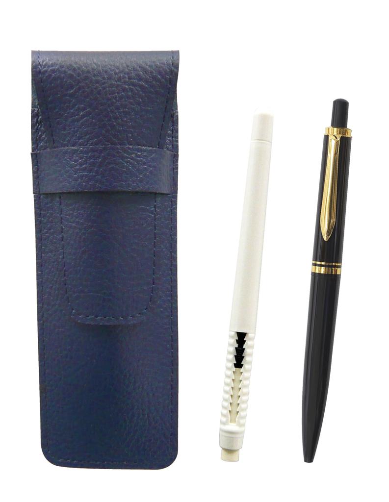 Grained Leather Pencil Case Blue Eraser White and Euro Style Brass Parts Knock Type Mechanical Pencil Set Black Pen-shaped SASLMC46W-NXS-B