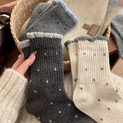 5/10 Double Polka Dot Mid-calf Socks, Soft and Warm Socks, Polka Dot Versatile Lace Socks, All-season Socks