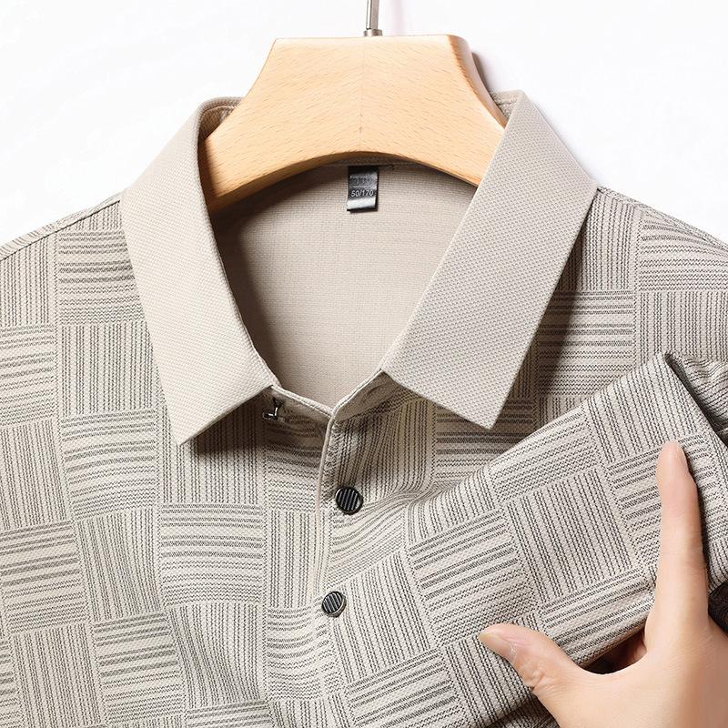New T-shirt for Men's Fashionable  Long Sleeved Casual Top with Checkered Trendy Collar POIO Shirt Versatile