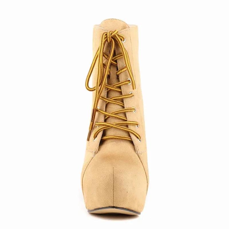 Women Boots Stiletto Autumn Winter Fashion 14cm Sexy Platform Round Toe High Heels Pumps Lace-Up Ankle Flock Shoes Large Size 43