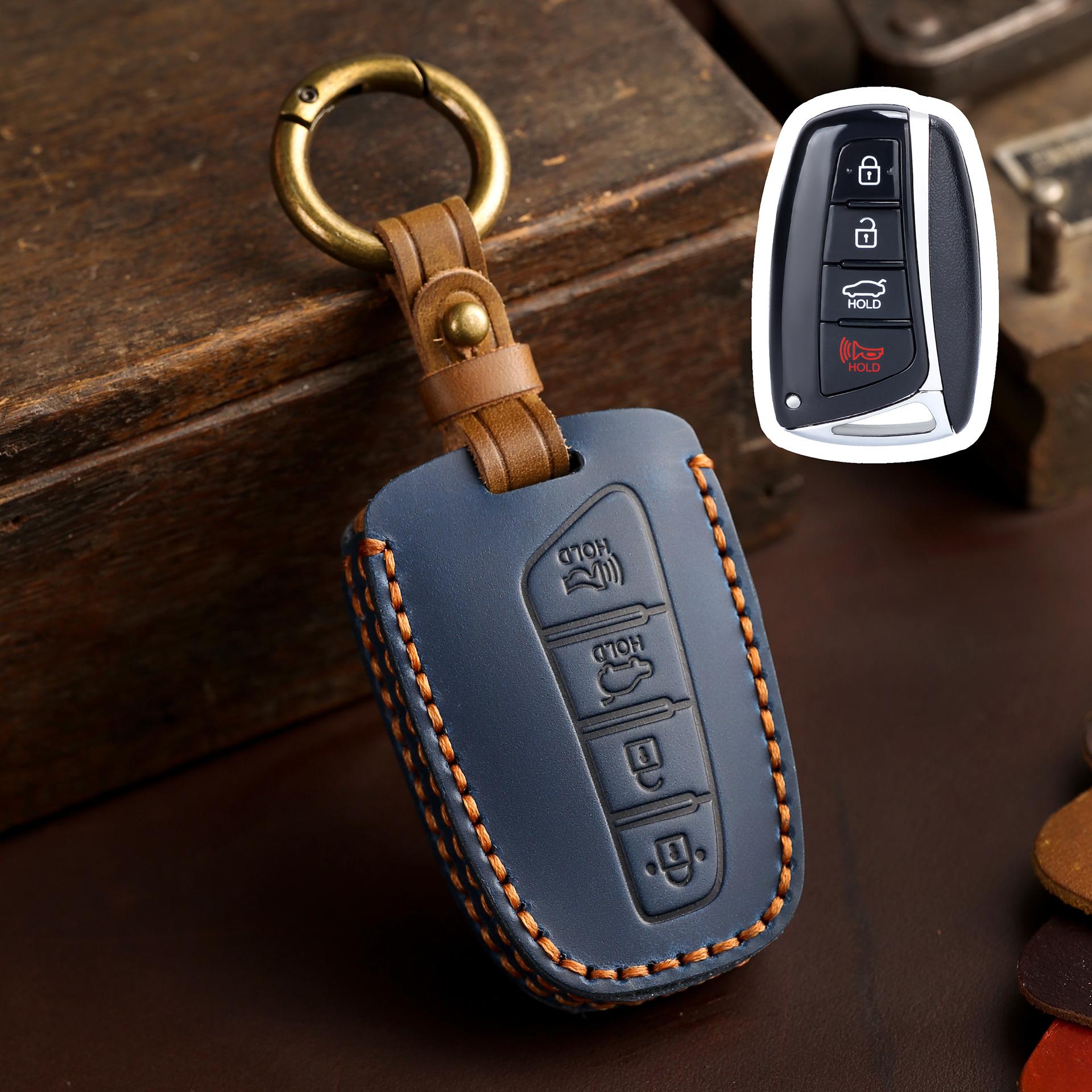 

Leather Car Key Case Cover For Hyundai Santa Fe Sport Equus Centennial Genesis G80 Grandeur Azera 2013 2014 Ix45