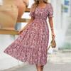 Women's Bohemian  Square Neck Puff Sleeve Short Sleeve-Red XL