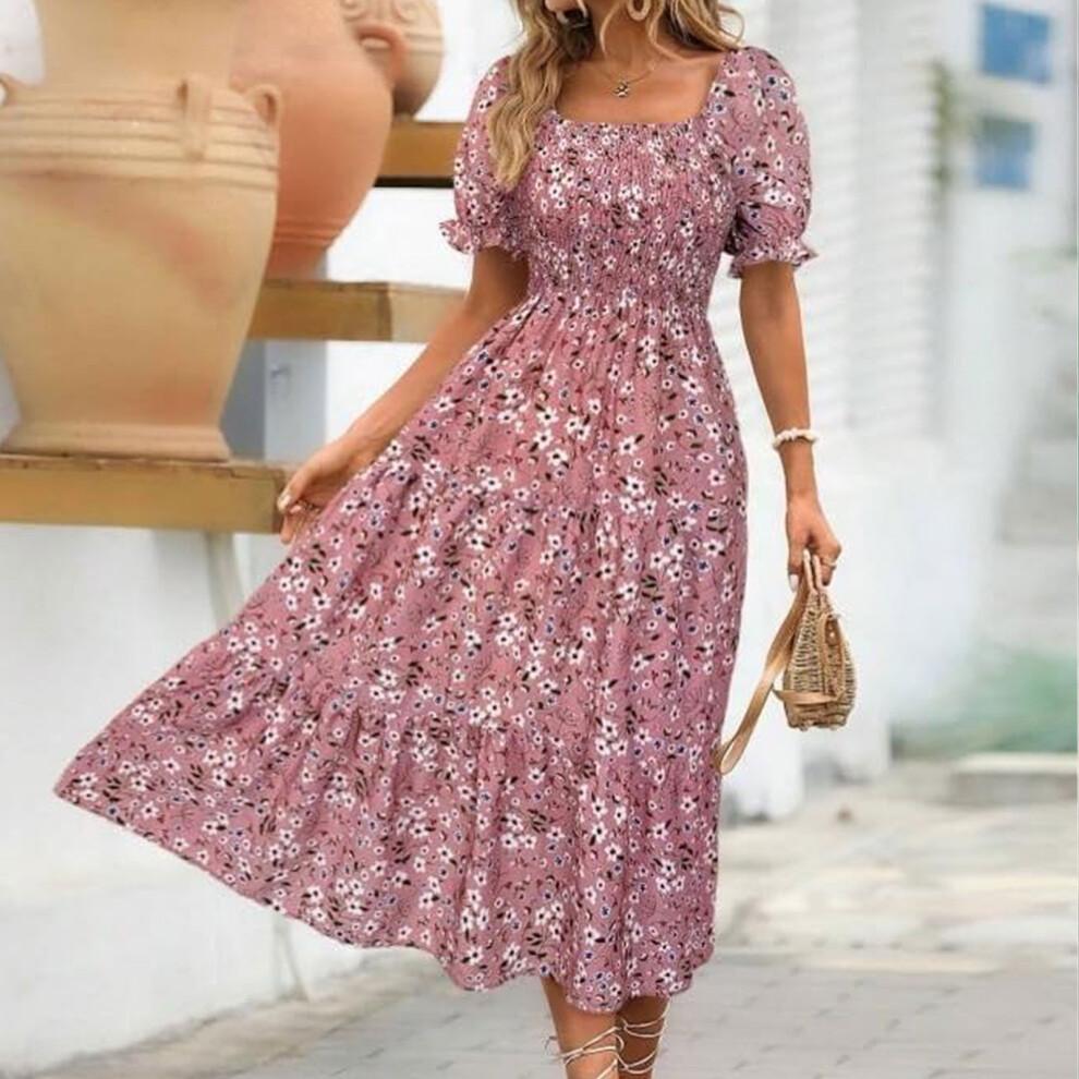 Women's Bohemian Square Neck Puff Sleeve Short Sleeve-Red XL