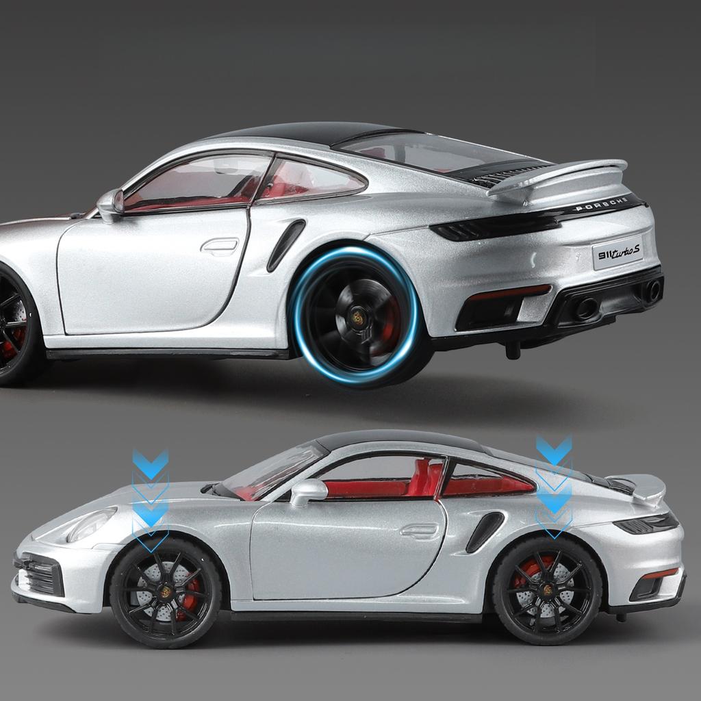 1/24 Porsche 911 Turbo S Diecast Alloy Metal Toy Car Miniature Model Pull Back Sound & Light Doors Openable Collection Gift Boy