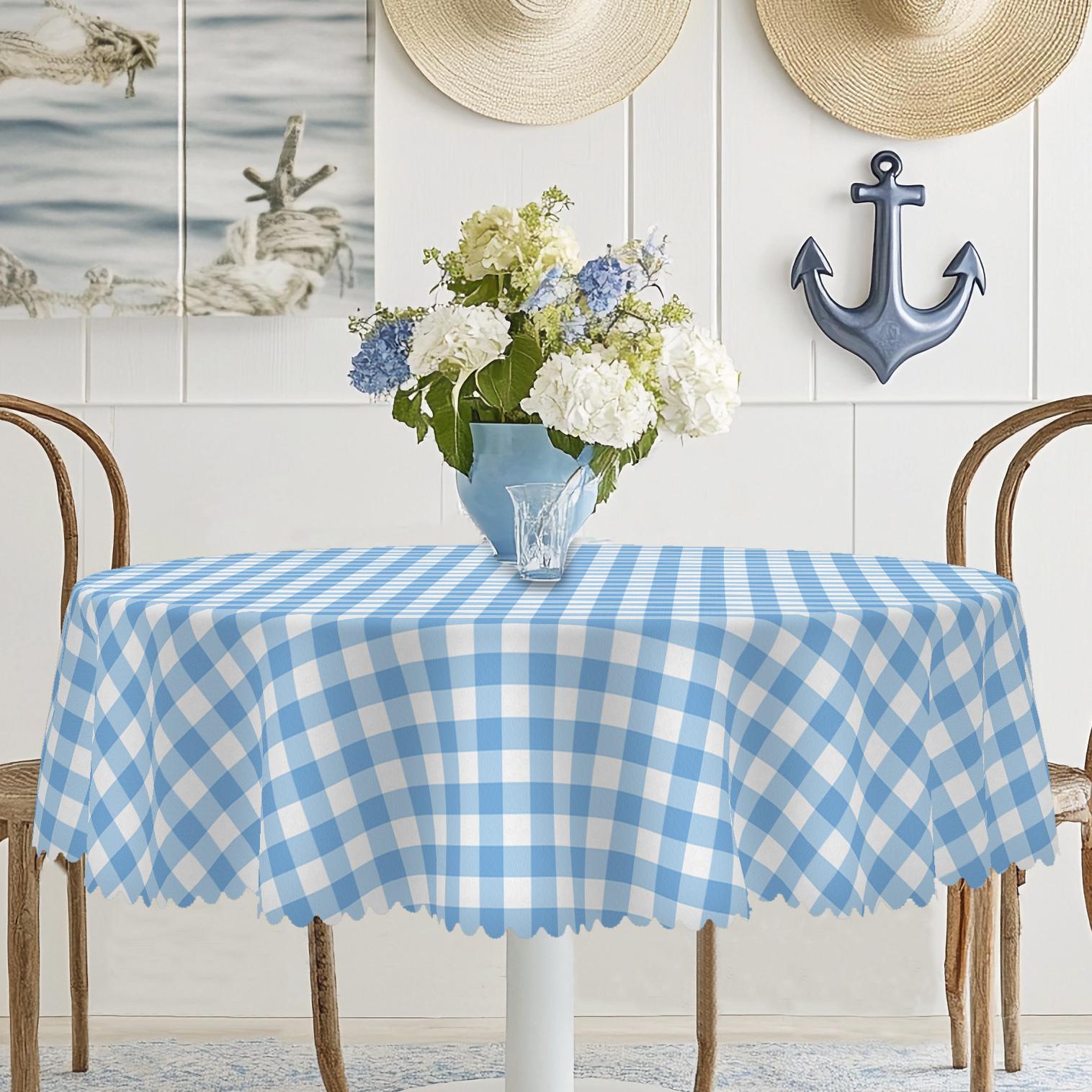 

1 Piece Of Spring And Summer Plaid Round And Rectangular Tablecloths, Available In Various Sizes, Blue And White Plaid Pattern Printing Design, Tablec Round (152)Cm