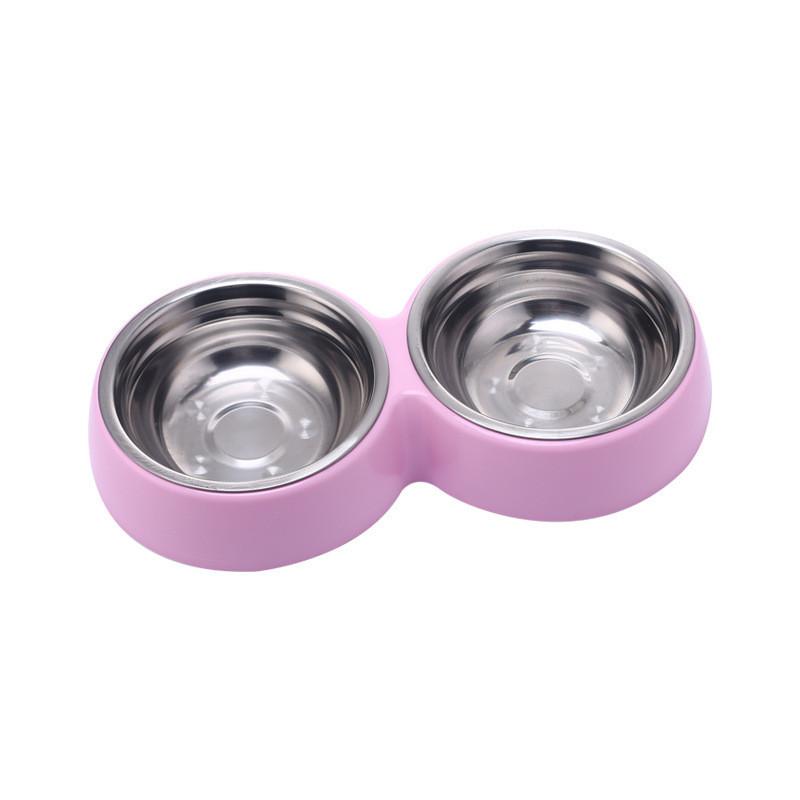 Pet Feeding Set Stainless Steel Double Bowl Plastic Pet Bowl Multiple Color Options