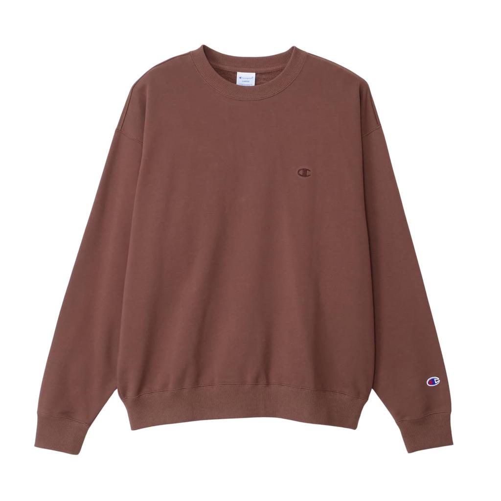 Long One Point Logo Relaxed Drop French Terry Crew Neck Dark Brown [Champion] Sweatshirt, Sleeve, Embroidery, Fit, Shoulder, Sweatshirt, C8-A023Z