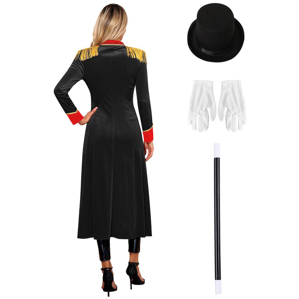 Costume da Domatore di Circo da Donna con Spallina a Frange Giacca Lunga di Velluto con Code e Cappello Bacchetta Guanti per Halloween Spettacolo di Magia
