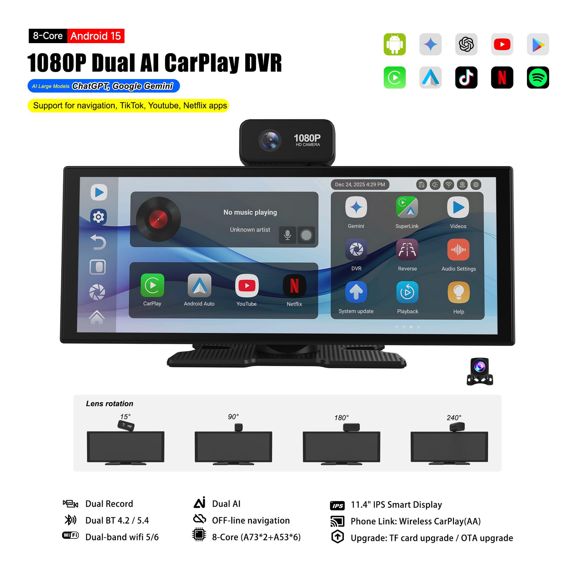 

11.4-Inch Android Smart Screen: 8-Core, 4+64GB, Dual Bluetooth & WiFi, Carplay, Screen Mirroring, Dual Recording. Open format, can download freely