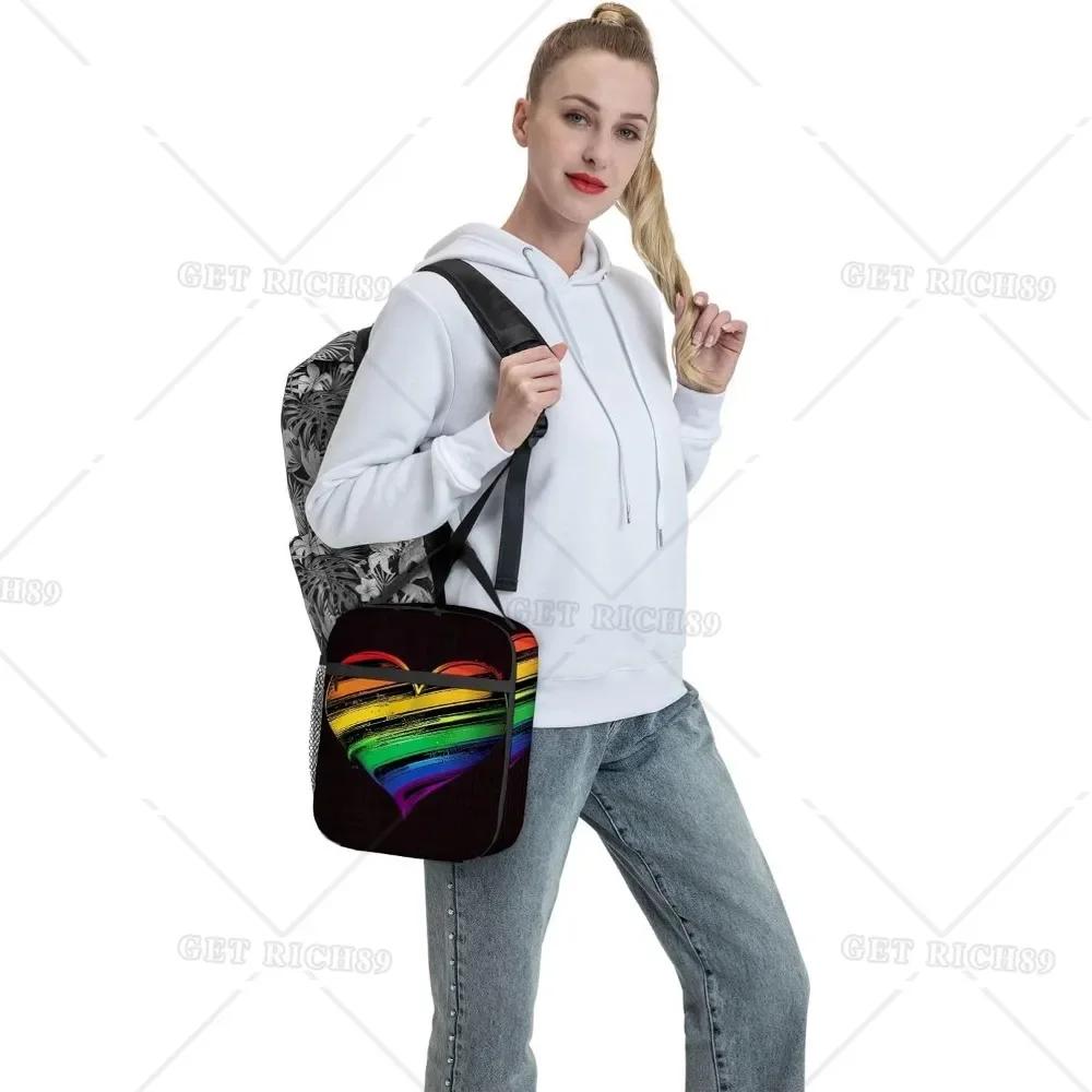 Regenbogenflagge Herz auf Schwarzem Hintergrund Tragbare Lunchtasche für Damen Herren Isoliert Wiederverwendbare Box für Büroarbeit Picknick Strand