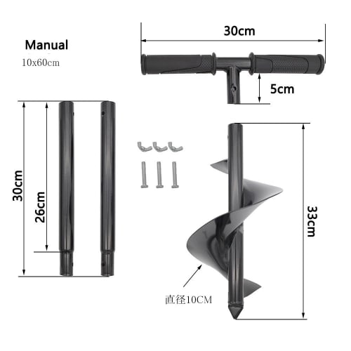 Portable Long-Handled Hole Digger, Manual Gardening Auger for Pole Digging, Black, Rust-Resistant, 10cm/15cm/20cm Diameter, with Non-Slip Handle, Gard