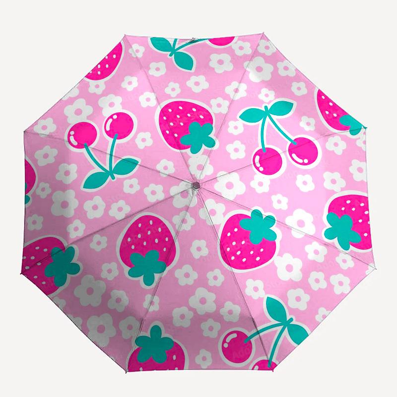 1pc Strawberry Cherry Floral Pattern Umbrella with Plastic Handle,Compact & Stylish,Cartoon Pattern,Outdoor UmbrellaPT352