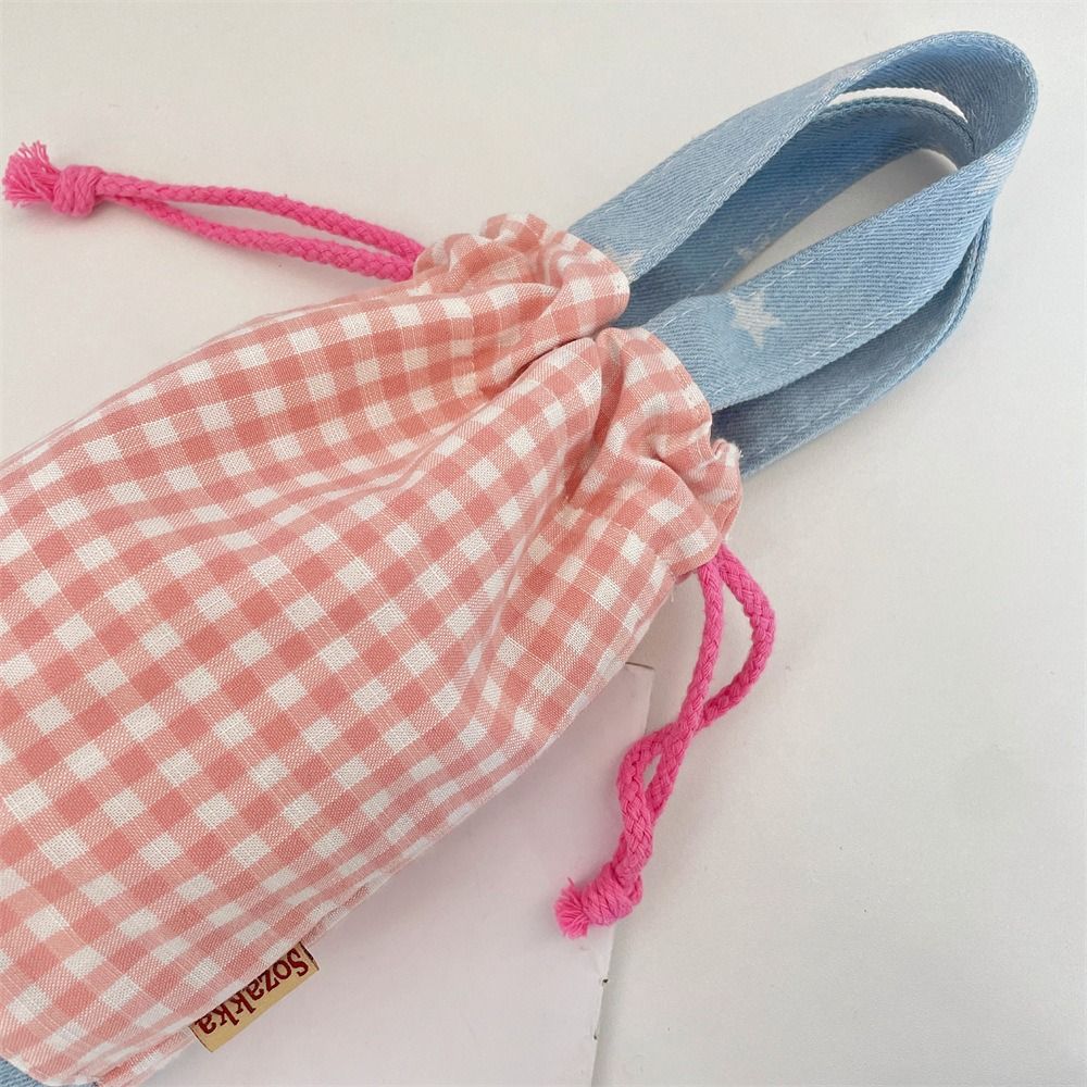 Water Bottle Holder Water Bottle Cover Grid Small Storage Bag Cute Drawstring Canvas Cup Bag  Girls