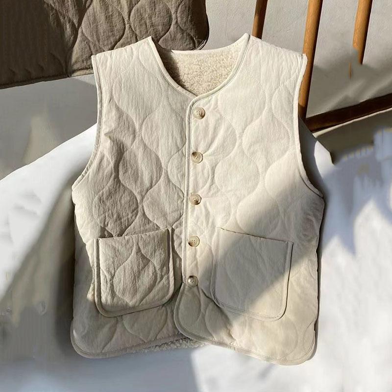 Fashion Cotton Vest Women Lamb Wool Warm Coat Winter New Large Pocket Loose Sleeveless Waistcoat Vest Female Casual Ladies Tops