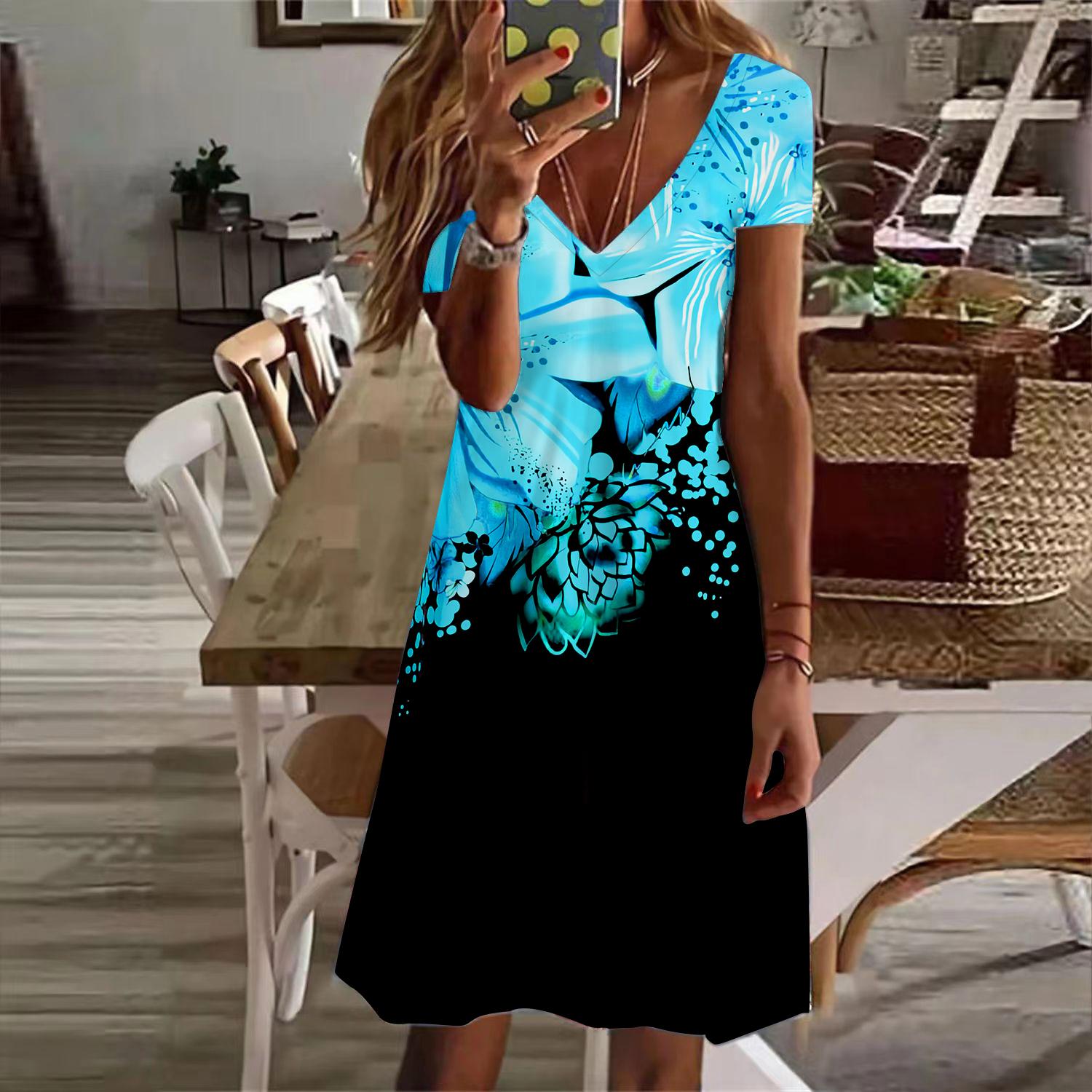 

Летняя мода женские V-образный вырез короткий рукав цветочный принт платье сексуальные короткие юбки платья 8XL чёрный
