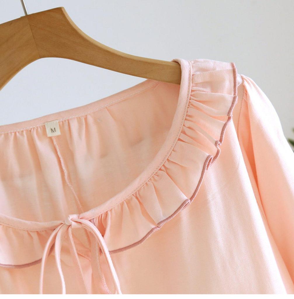 Women's Pure Cotton Gauze Nightgown with Built-in Bra, Round Neck, Lace, Versatile for Home or Outdoor Wear