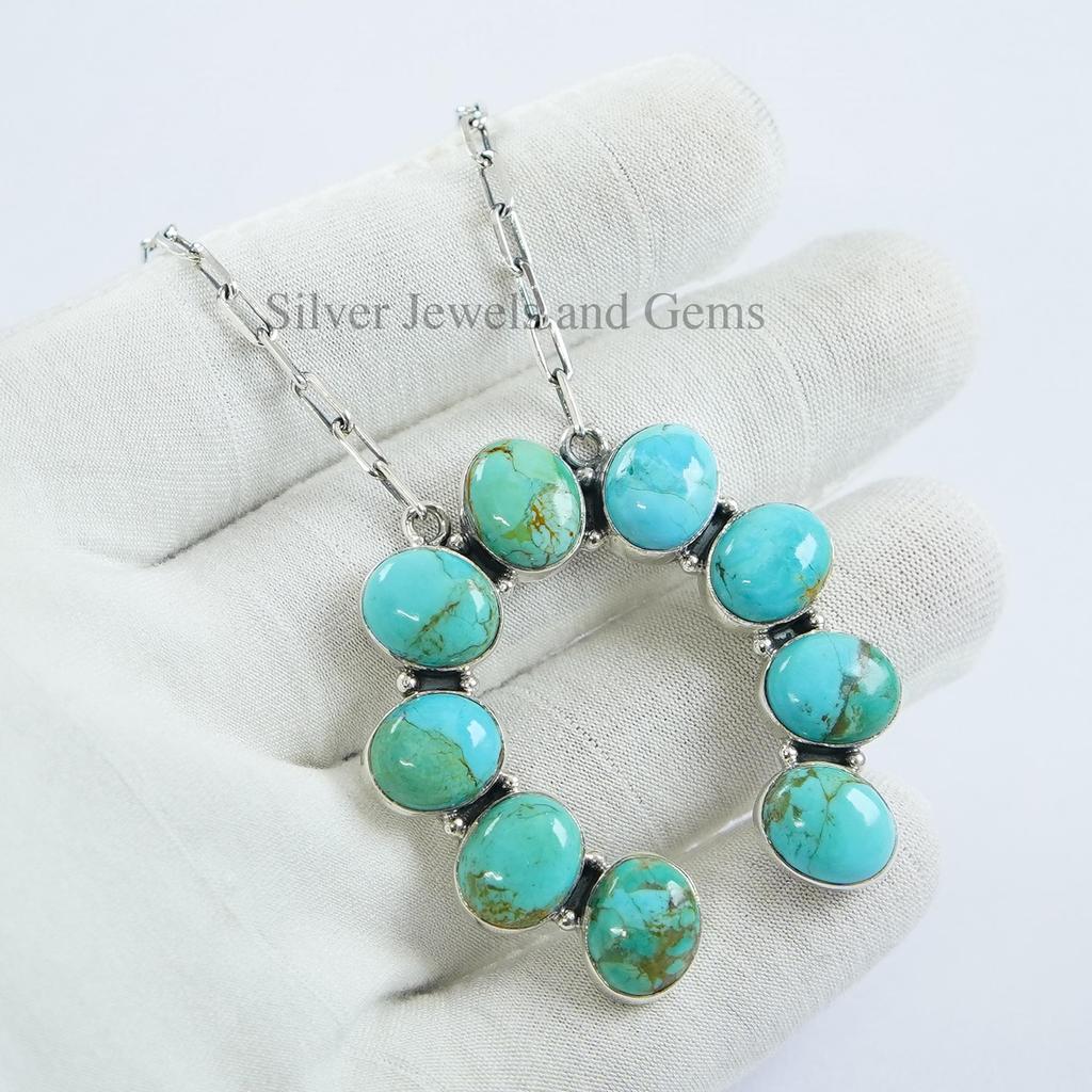 Arizona Turquoise Squash Blossom Necklace, 925 Sterling Silver Paper Clip Chain