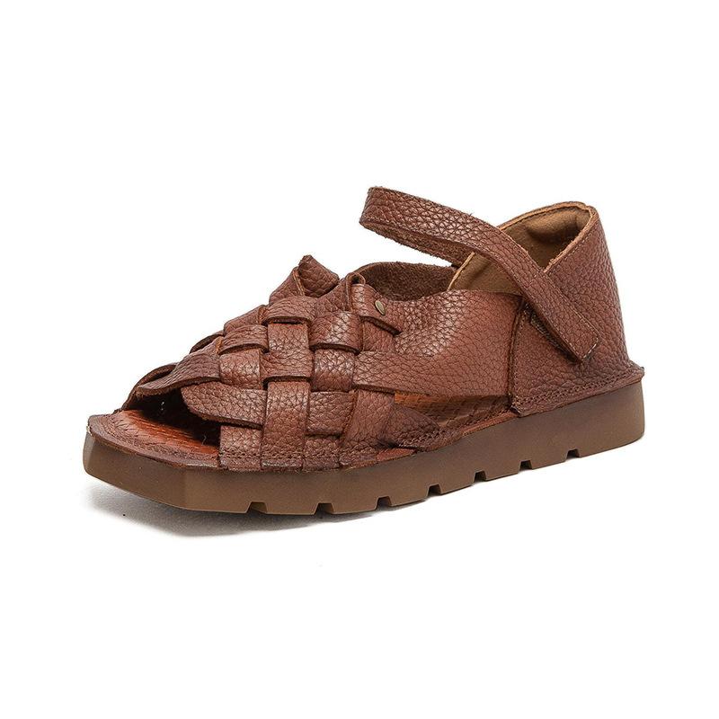 2026 Summer New Arrival Genuine Leather Women Roman Sandals Retro Woven Ankle Strap Breathable Open Toe Comfortable Flats