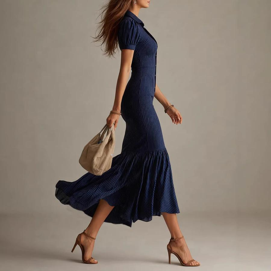 Elegantes lässiges gestreiftes Rüschenkleid mit kurzen Ärmeln für Damen – Neue Ankunft