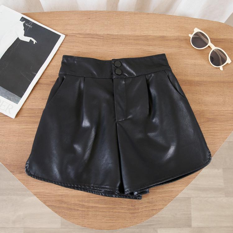 

Женские шорты из искусственной кожи хаки с высокой посадкой - Осень 2025, приталенные, с широкими штанинами, в повседневном стиле на пуговицах L чёрный