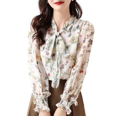 J-Scott Floral Bowtie Blouse, Chiffon, Puffy Sleeves, Gathered Cuffs, Lined, Long Sleeves, Feminine, White, JS76-WH-XL
