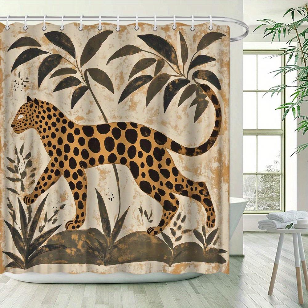 1pc Minimalist Leopard Shower Curtain with Tribal Patterns – Textured Beige Background,  Shower Curtains for Bathroom