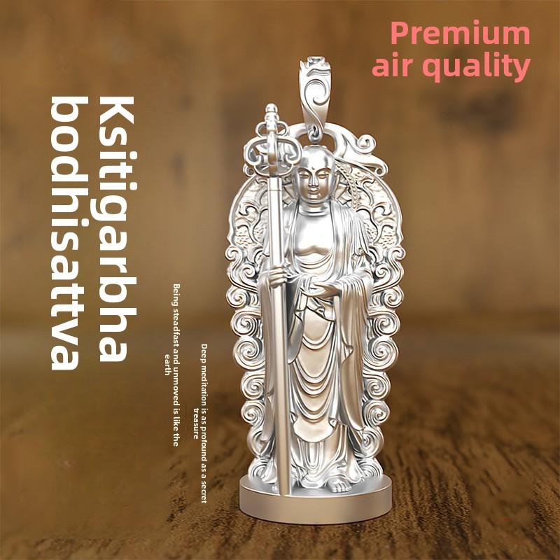 Kizo King Sterling Silver Pendant Silver Plated Standing Bodhisattva Floating Necklace Crystal Male Buddha Statue Silver Ornament