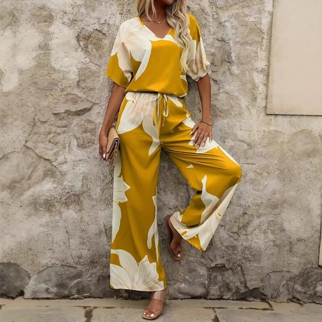 Summer Spring Printed Lightweight Fashion Comfortable Casual Short Sleeve Two Piece Set For Women European American Crossbody Apparel
