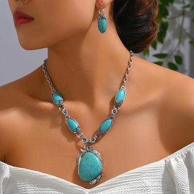 3-teiliges Schmuckset Silberlegierung Halskette und Ohrringe mit Türkis Vintage Böhmisch Damen Accessoires Strandurlaub Geschenke
