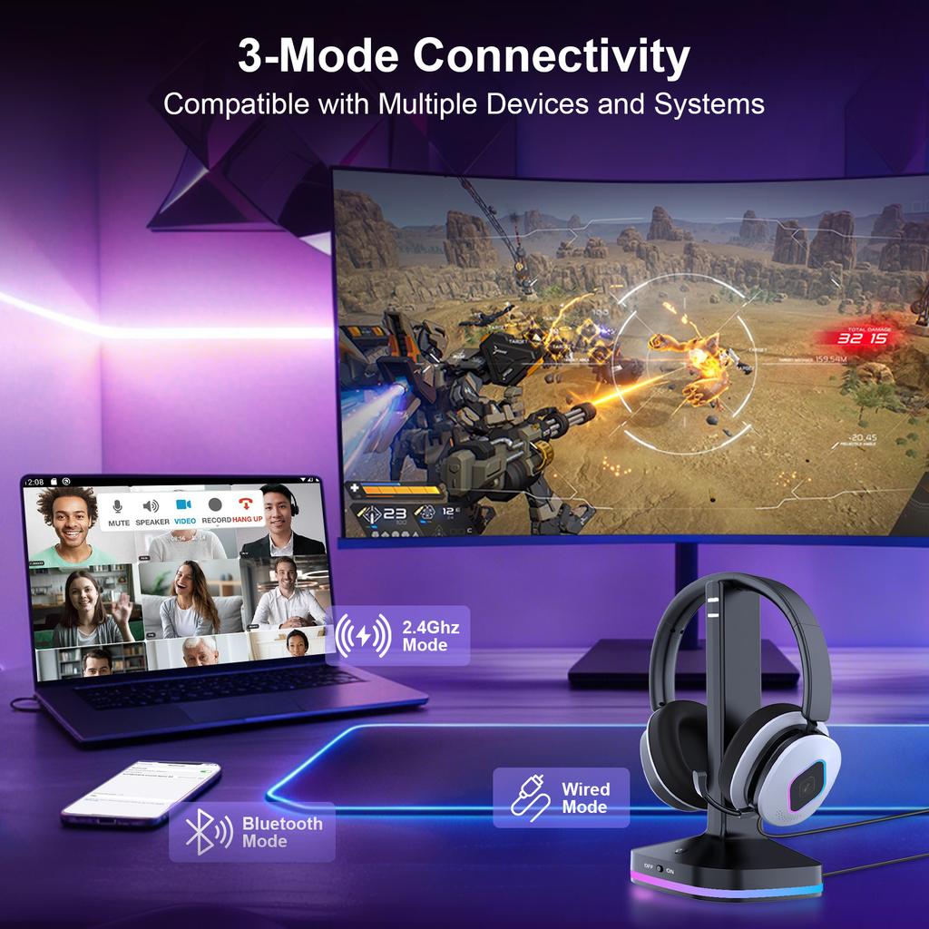 RGB Gaming Headset with Contact Charging Stand, Auto Dock Charging Via Pogo Pins, Tri-Mode BT5.3/2.4G/3.5mm, ENC Mic for PS5 PC
