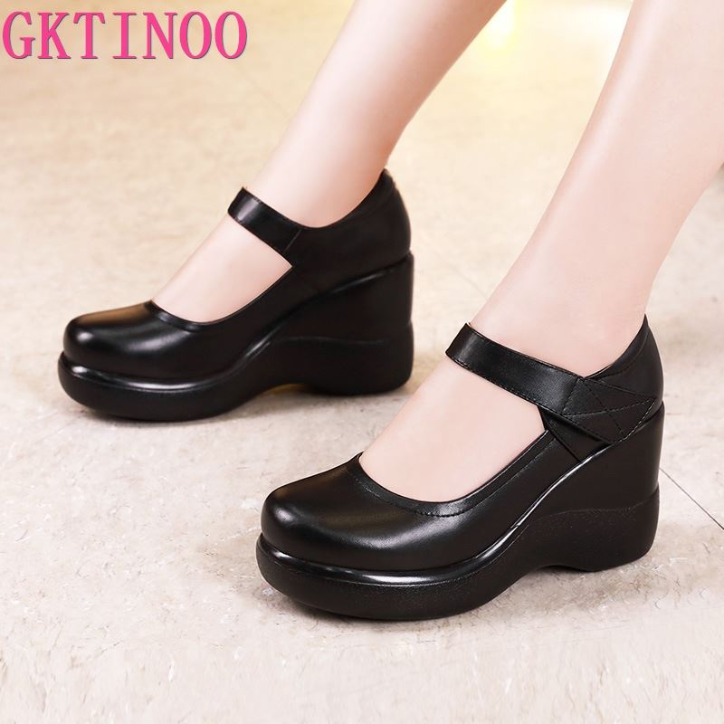 GKTINOO Round Toe Wedge Pumps Women Shoes Mary Jane Shoes Thick Bottom Leather Shoes Platform Pumps Brand New Large Size