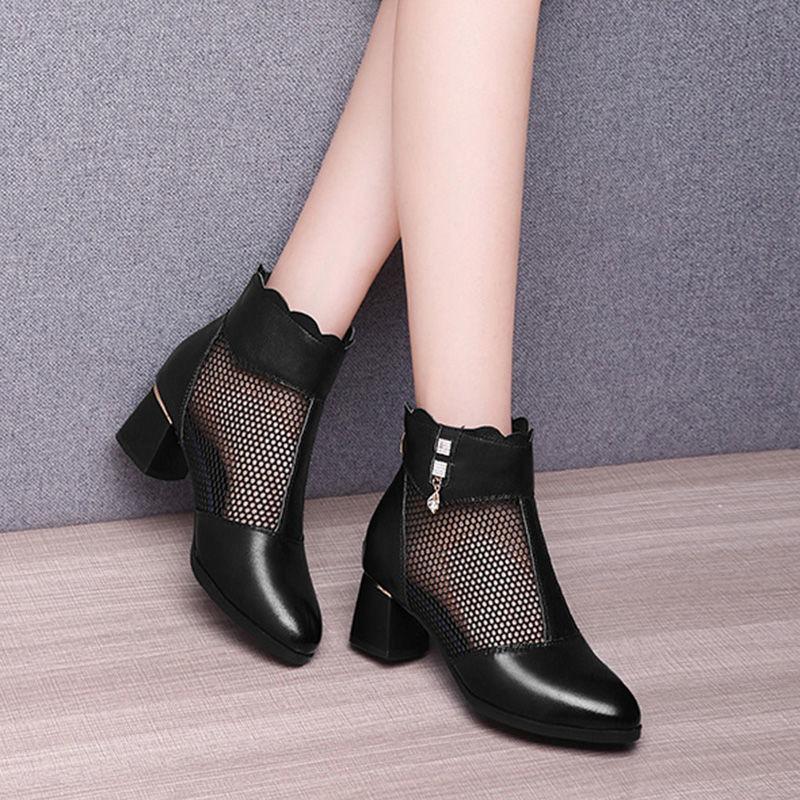 Real Soft Leather Mesh Cool Boots New Spring and Summer Middle Heel Breathable Soft Sole Low Heel Non-slip Round Head Thick Heel Sandals Women