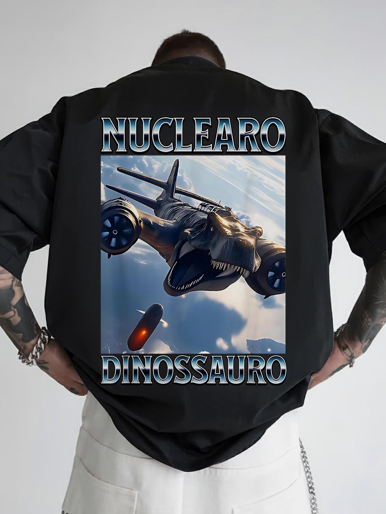 Casual Short Sleeve T-shirt with NUCLEARO DINOSSAURO Print - Black Polyester Crew Neck XXXL