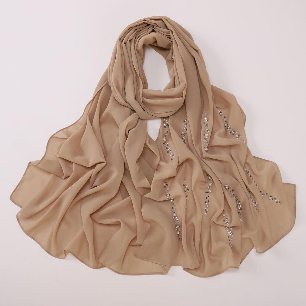 Chiffon Long Scarf With Rhinestones Beads Ethnic Headscarf For Women