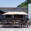 Large Outdoor Cafe & Terrace Sun Umbrella with Three-Head Center Pole