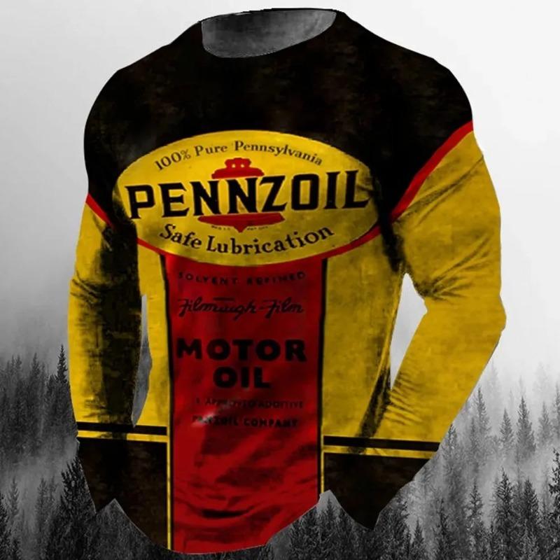 Vintage Men's T-shirt Long Sleeve Biker Tops Tees 3D Oil Print Motorcycle T Shirt Oversized Loose Texaco Man Tshirt