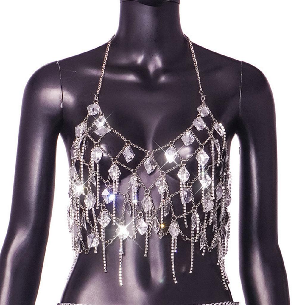Popular Body Chain Tassels Gemstone Bikini Bra Chains Chest Chain Bra Lustrous Body Jewelry for Female Night Club Suit