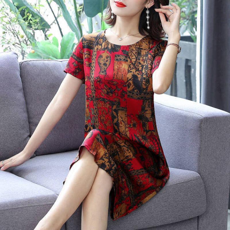 Vintage-Print Ice Silk Mid-Length Summer Dress for Middle-Aged Women