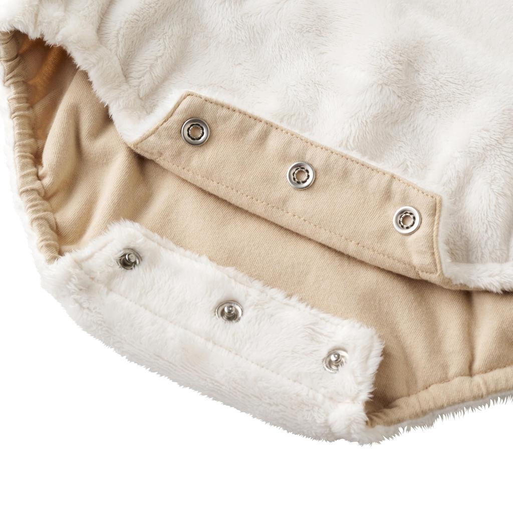 MIKIHOUSE 43-1501-794 Microfur Baby Romper M White Logo Print Warm Winter Bodysuit 80-90cm Boys Girls Kids Clothing Snap Closure Adjustable Straps