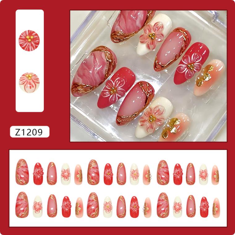 French Style Art Nail Patch 3D Flower Gold Line Fake Nails Reusable Nail Tips For Women Diy Manicure Accessories