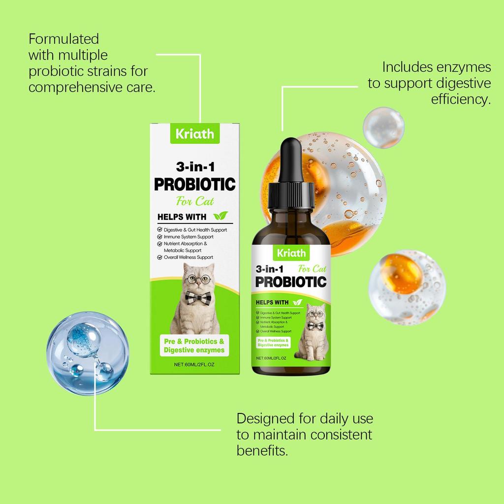 Kriath Cat Probiotic Drops 60ml - 3-in-1 formula promotes gut balance & comfort, boosts gut health & immunity, pet health care product.