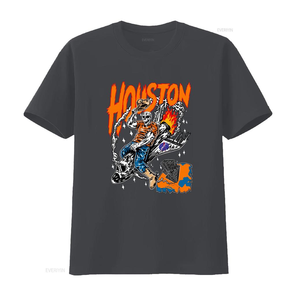 Skeleton Driving Rocket T Shirt Houston Basketball Fan Streetwear Style Round Neck vintage Washed Casual Stylish Breathable