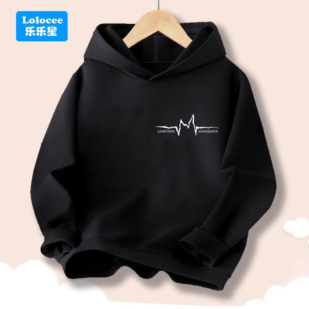 Kids Fashion Streetwear Boys Girls Black Hoodie with Lightning Pulse Print Casual Cool Long Sleeve Pullover Sweatshirt