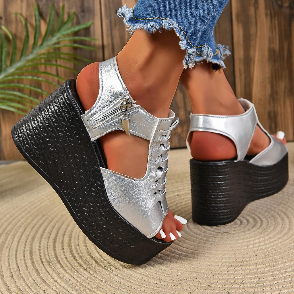 Fashion Aphixta Silver Peep Toe Wedge Heel Sandals Zipper Design Platform Sandals Women Casual Mesh Upper Breathable Shoes Plus Size 43