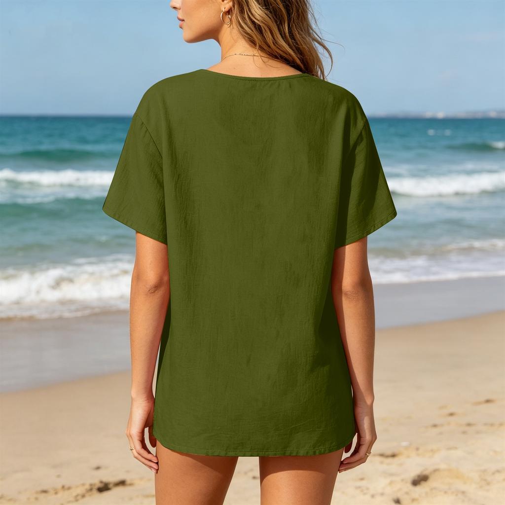 Women Short Sleeve Henley Neck Button Down Linen Cotton Shirt with Chest Pocket Relaxed Fit Casual Top Blouse for Daily Wear