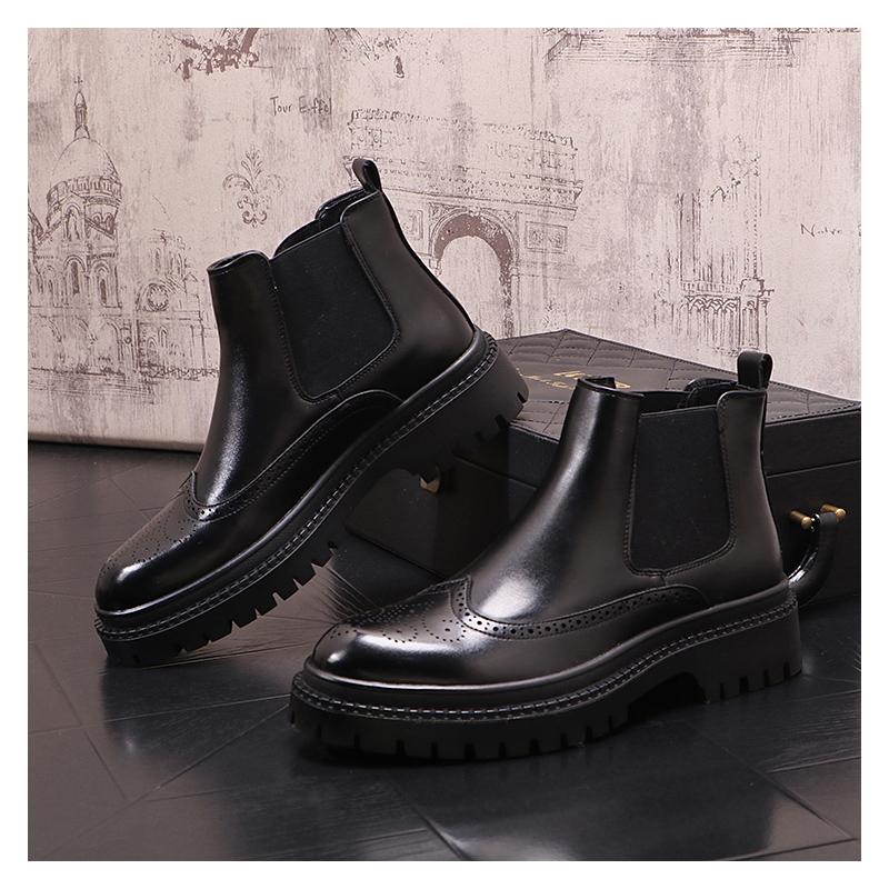 Fashion mens casual business wedding chelsea boots black trendy carving brogue shoes cowboy original leather boot autumn winter botas