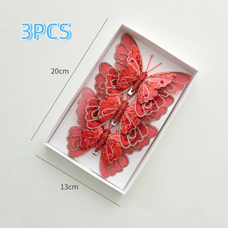 Christmas Decoration Butterfly Hairpin 3/6PCS - Simulation Double Colored Sequins Tree Pendant & Bridal Party Decor Accessory
