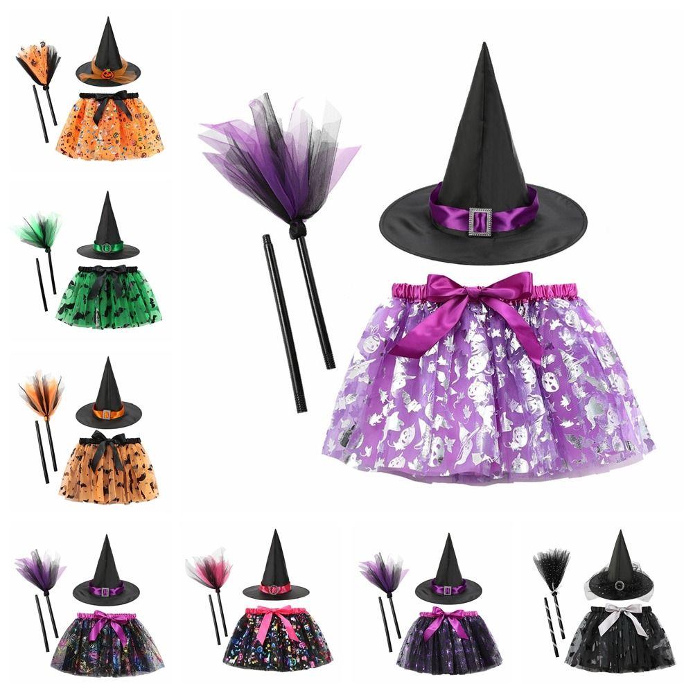 3Pcs/set Pointy Hat Kids Witch Dress Set Wizard Halloween Cosplay Costumes  Girls